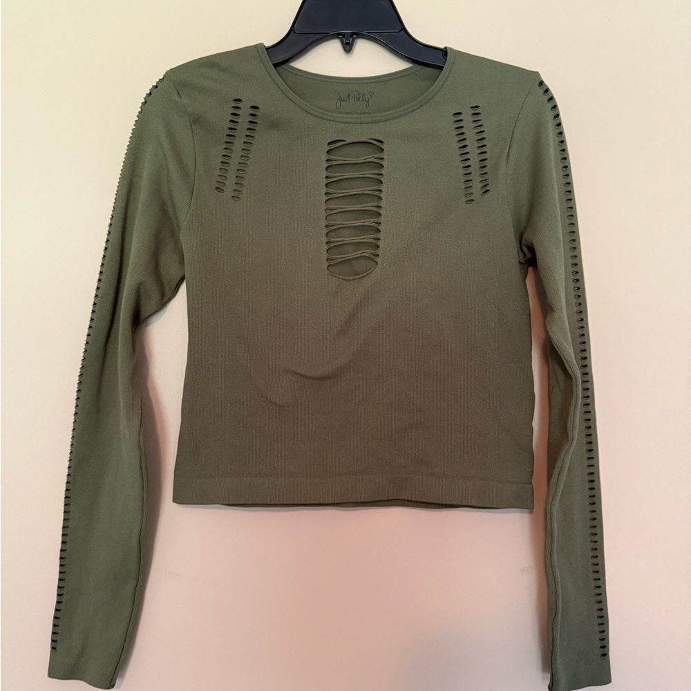 Just Polly Olive Long Sleeve Cutout Top